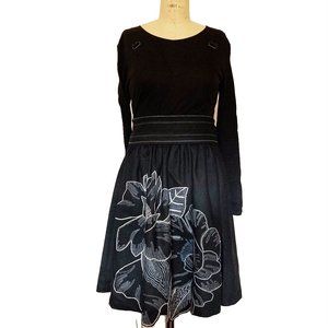 Tibi designer black full skirt with flower embroidery detail. fully lined